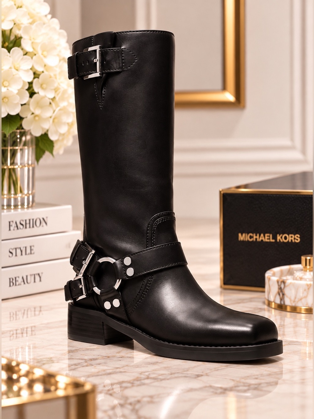 NEW MICHAEL Michael Kors Crosby Leather Moto Boots – Black – Size 9.5